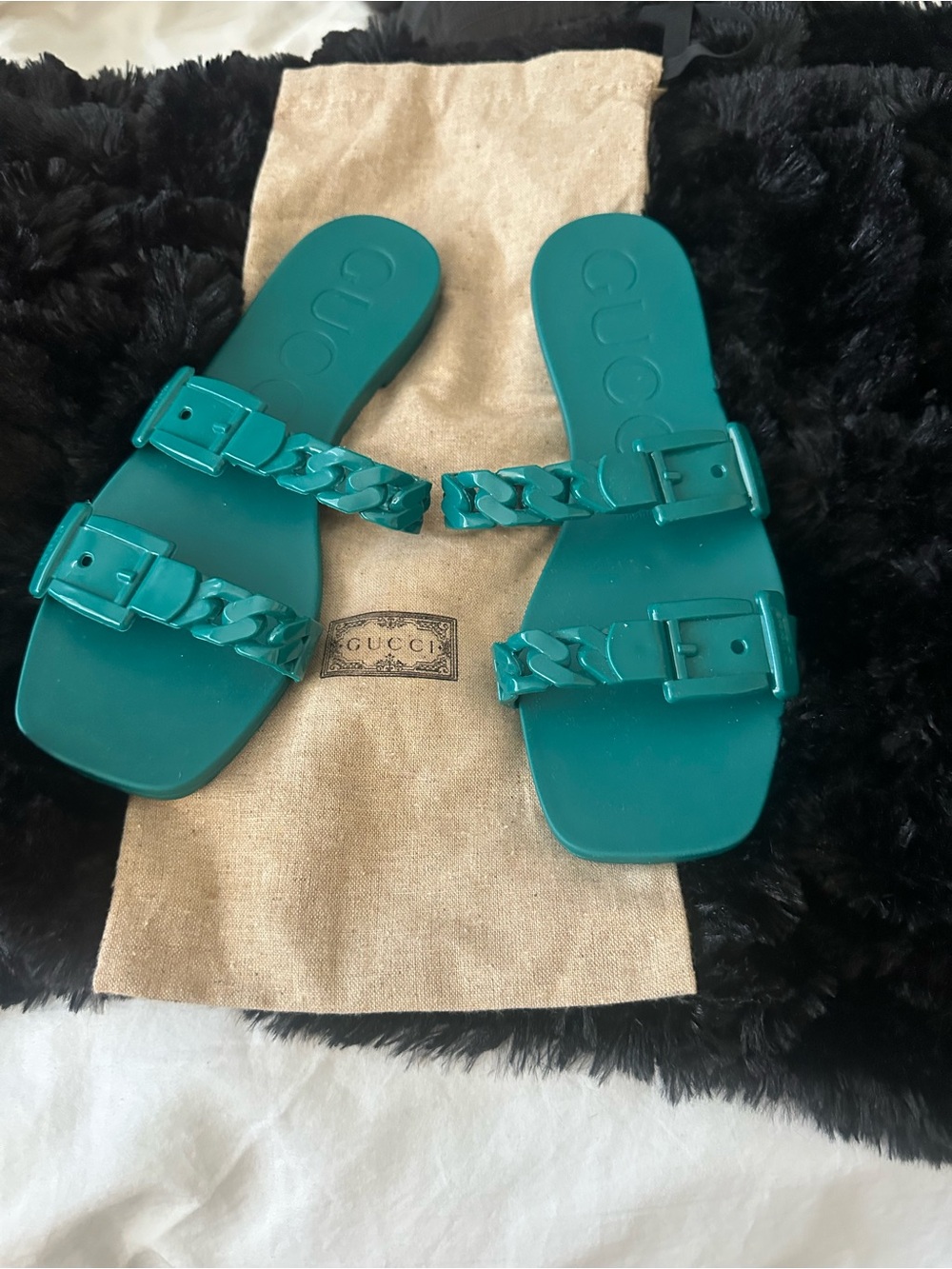 Gucci Teal Chain-Link Rubber Slide Sandals